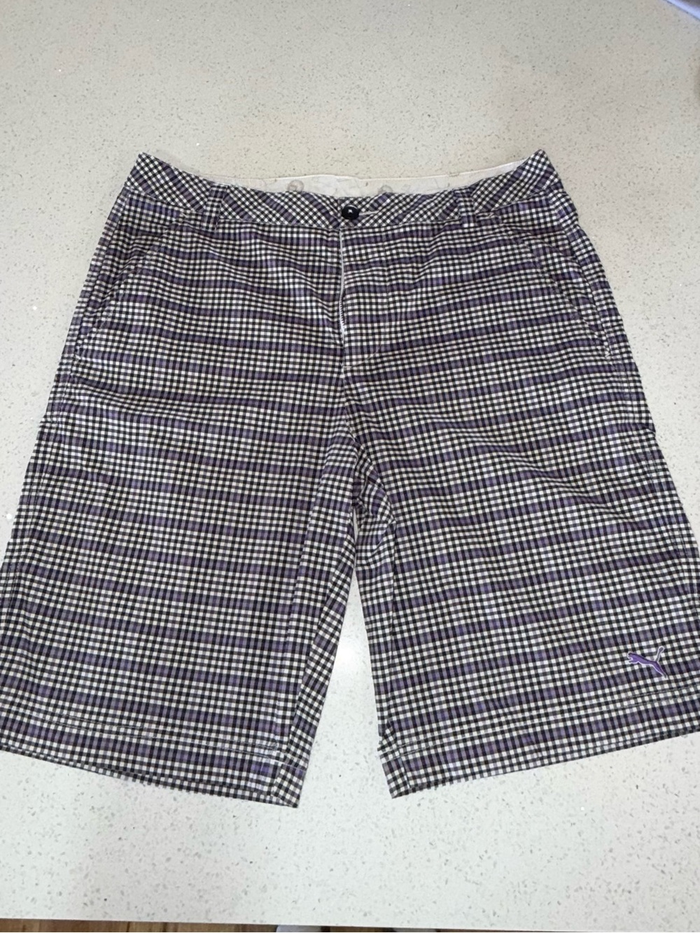 Puma Men’s Black and White Plaid Flat-Front Shorts
